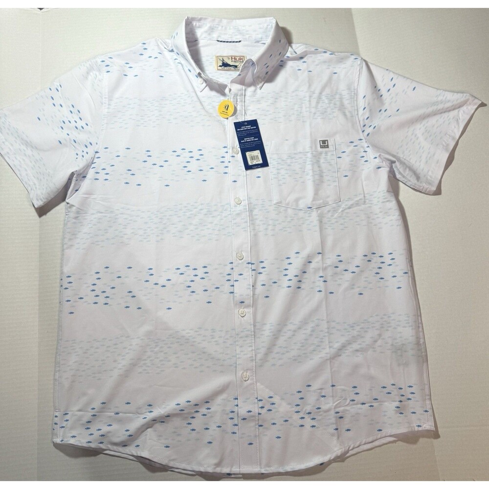 Huk Up Fishing Stream Kona Men's Shirt White Large